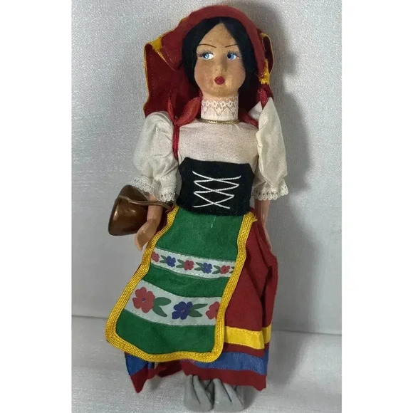Vintage Italian Doll Magis Roma Side Glance Eyes Ethnic Folk Costume Paper Mache - Picture 1 of 8
